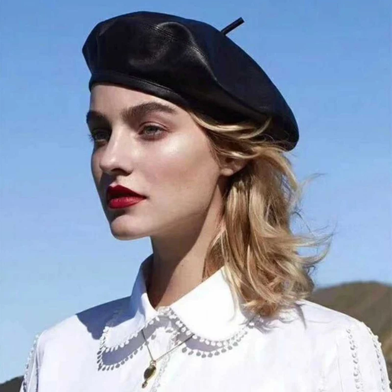 Новинка Модный берет для девочек повседневный черный кожаный из искусственной