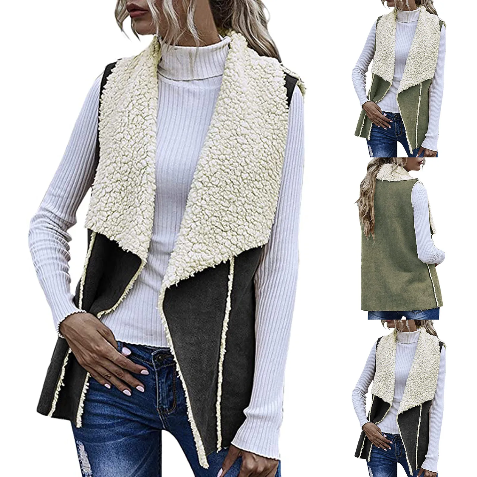 

Women's Vest Fashion Jackets Wear Solid Sleeveless Reversible Suede Vests With Large Lapels Жилетка Женская Padded Vest Woman