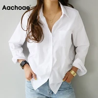 aachoae women casual white blouses long sleeve office shirts 2021 turn down collar solid pocket shirt ladies plus size tunic top