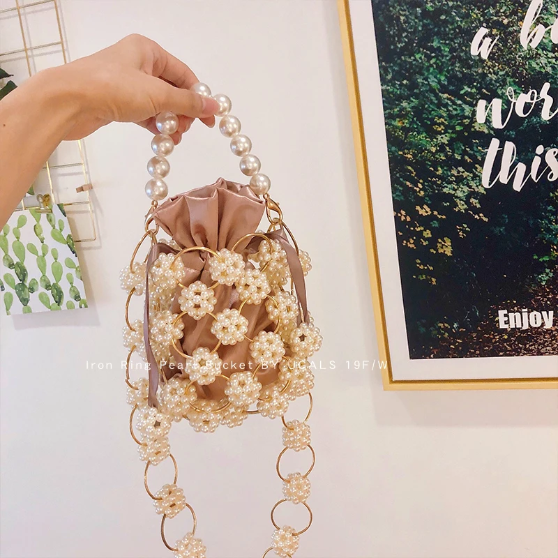 

Luxury Handmade Pearl Bucket Bag Women Hand Woven High Quality Beaded Pearl Evening Shoulder Bag Ladies Party Female Handbag