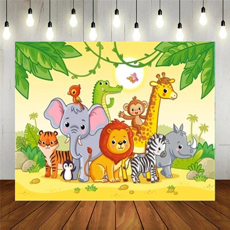 

Nitree Photo Studio Props Vinyl Photography Backdrop Cartoon Collection Of Animals In Forest For Kids Birthday Party Decoration
