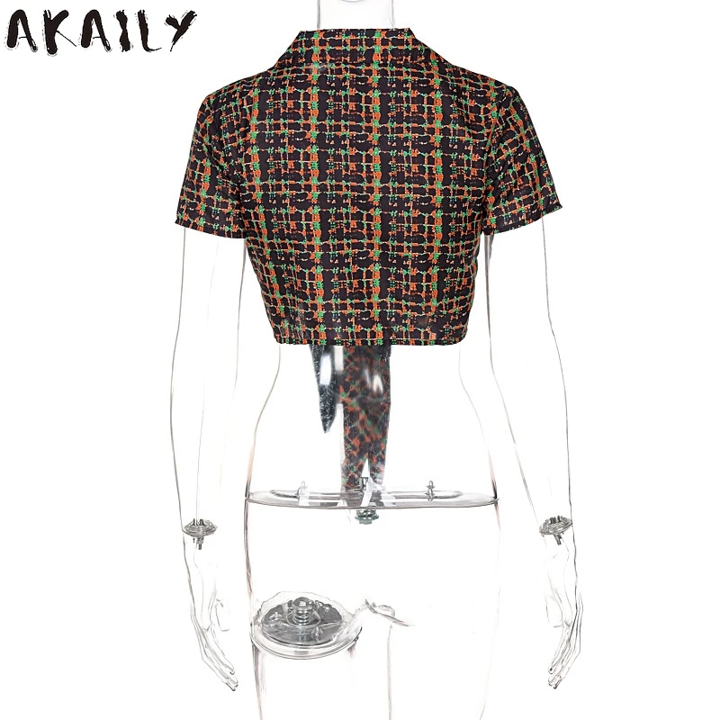 

Akaily 2021 Summer Streetwear Plaid Print Short Shirt Women V Neck Bandage Short Sleeve Crop Top Female Slim Casual Blouse Tops