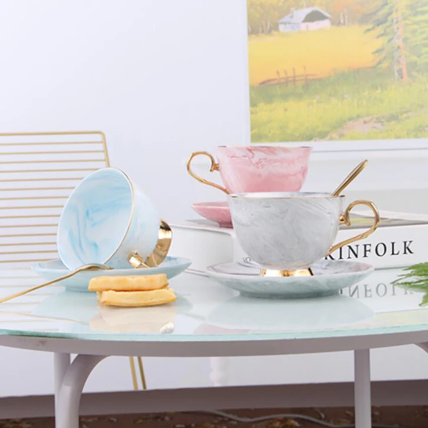 

Golden Line Tea Cup with Saucer Sets 250ml Vintage Bone China Marble Pattern Teacup Home Office Porcelain Coffee Cup Great Gifts