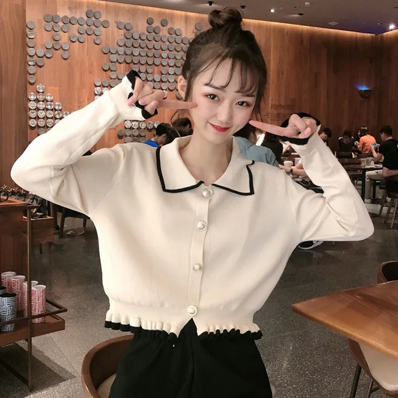 Women Sweater Elegant Turn Down Collar Button Pullover Female Korean Kawaii Ladies Knitted Jumpers Autumn Winter Clothing | Женская