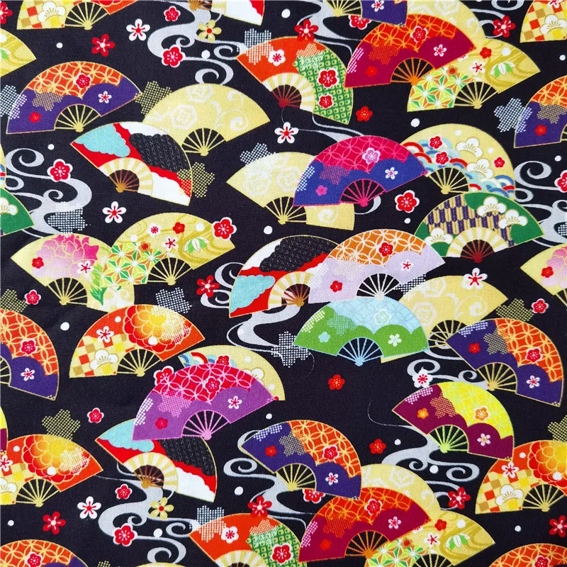 Japanese Fans Fabric Sakura Cherry Blossom Yagasuri on Black |