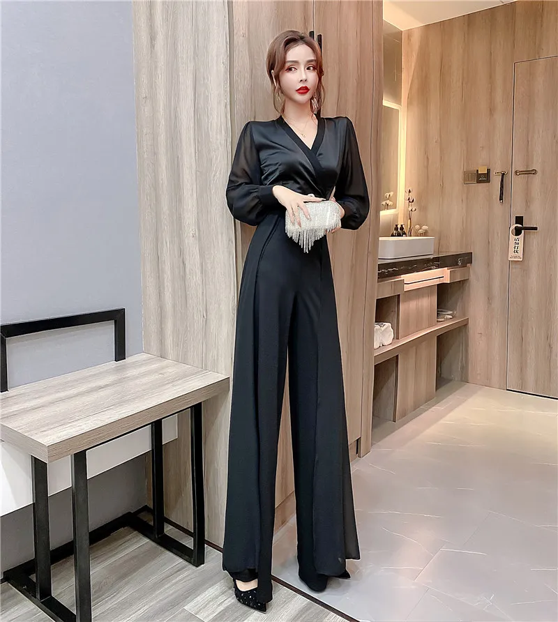 Women's Summer Jumpsuit Long Sleeve Chiffon V-Neck Elegant Fashion Wide-Leg Temperament Slim Romper