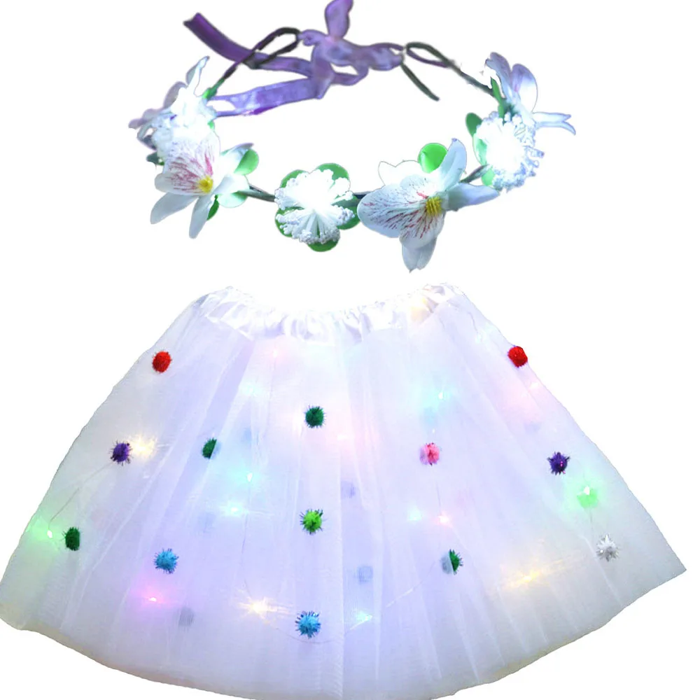 

Light Up Pompon Tutu Skirt with Blinking Flower Wreath Cosplay For Birthday Neon Glow Party Led Clothes Easter