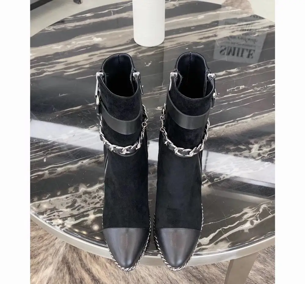 Женские замшевые ботильоны на высоком каблуке с цепочкой платформе 2019|Женские