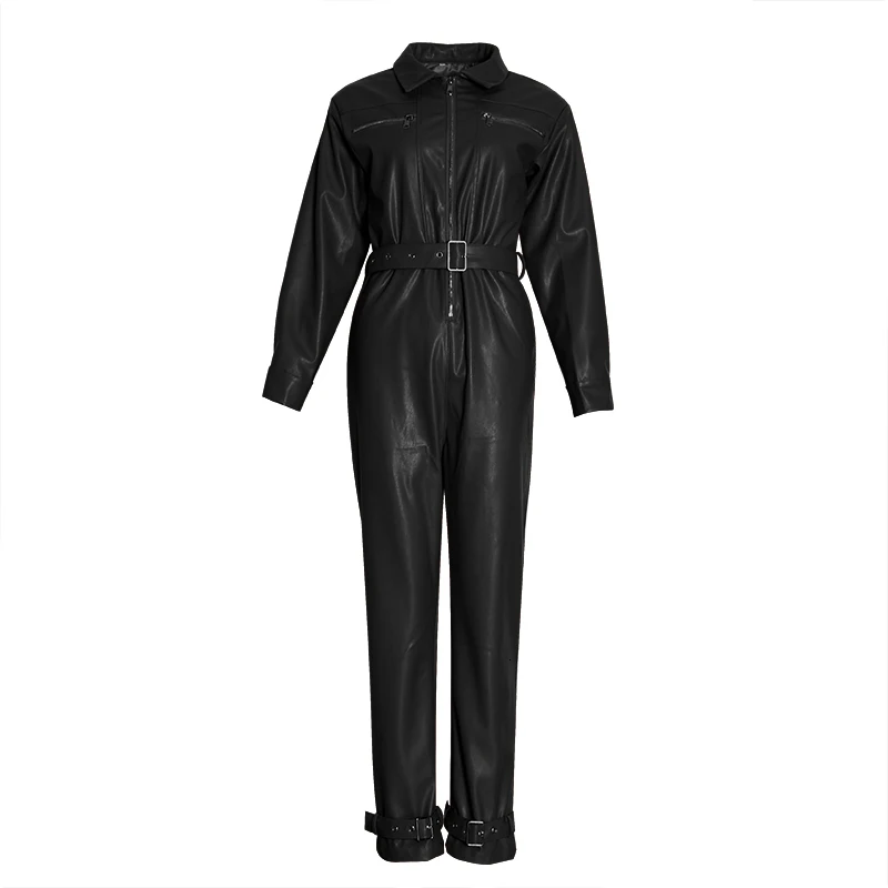 TWOTWINSTYLE Повседневный женский комбинезон из искусственной кожи с воротником с лацканами и длинным рукавом с высокой талией Комбинезон прямого силуэта Женская мода Новинка