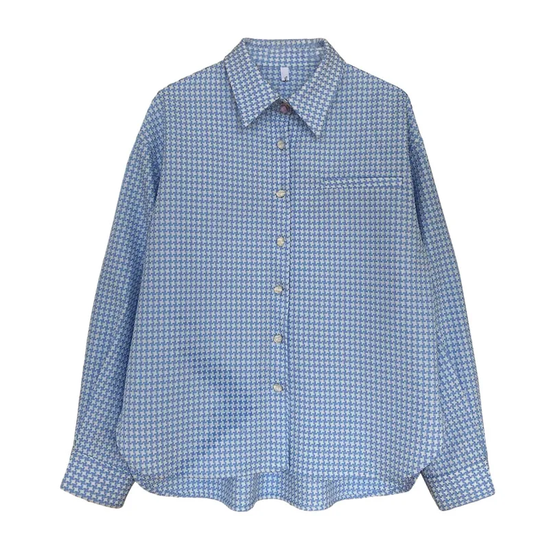 

IEQJ Women Blouse New Lapel Long Sleeve Loose Shirt Fashion Panelled Blue Plaid Casual Blouse Spring Autumn 2021 8P260