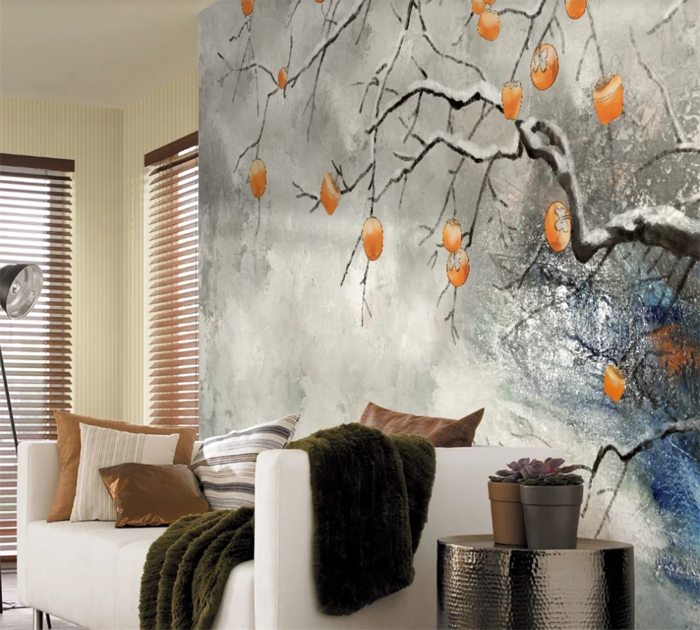 Custom 3D wallpaper mural new Chinese background wall persimmon Ruyi hand-painted ink tree TV | Обустройство дома