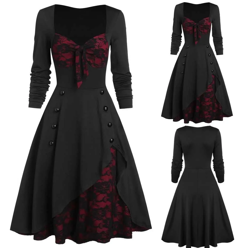 

Gothic Elegant Dresses Women Plus Size Party Dress Flower Lace Insert Mock Button Bowknot Vintage Dress Elegantes Para Mujer
