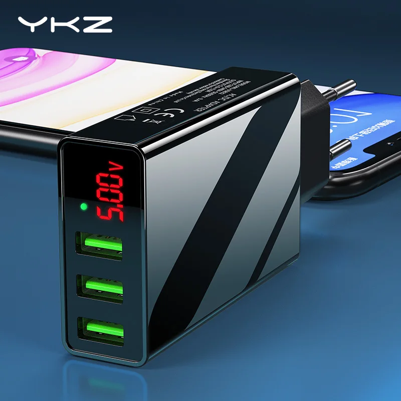 YKZ, 3 USB порта, зарядное устройство, адаптер, светодиодный дисплей, штепсельная вилка европейского стандарта, макс. 3.0A, умное быстрое зарядное устройство для мобильных телефонов, зарядное устройство для iPhone iPad Y35