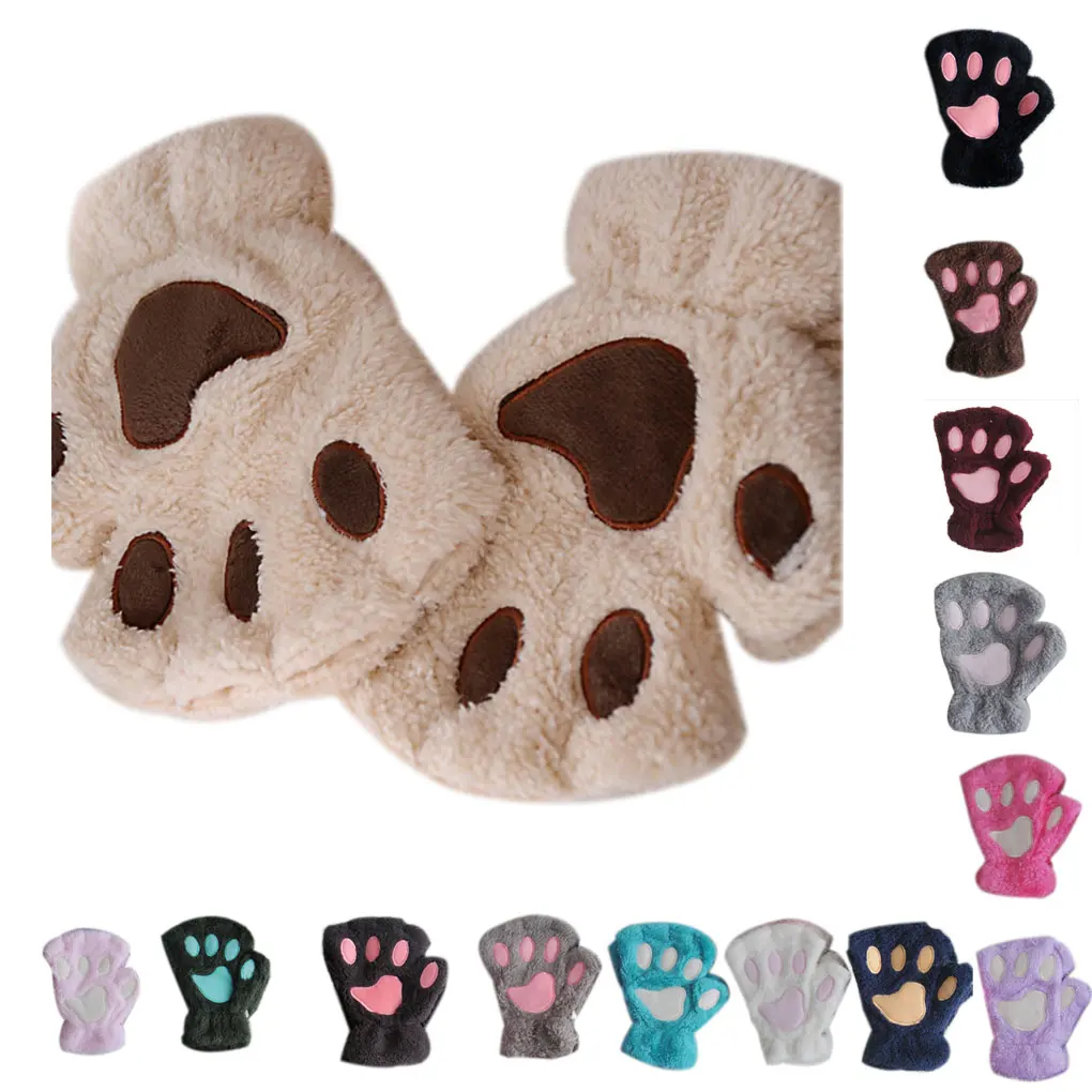 

Cute Lovely Women Girls Winter Warm Fingerless Gloves Cat Claw Paw Plush Mittens Half Finger Gloves Mitten New