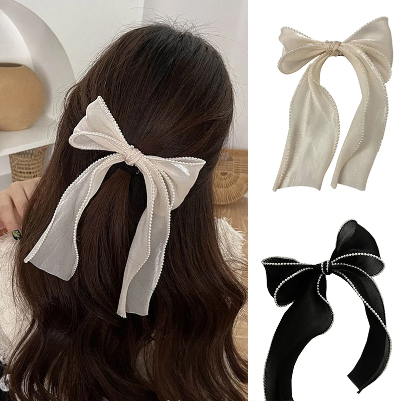 

Women's Ponytail Hairpin Top Head Headdress Pearl Rim Mesh Bowknot Grips Barrettes Elegant Pearl Streamer Hair Bows Clips