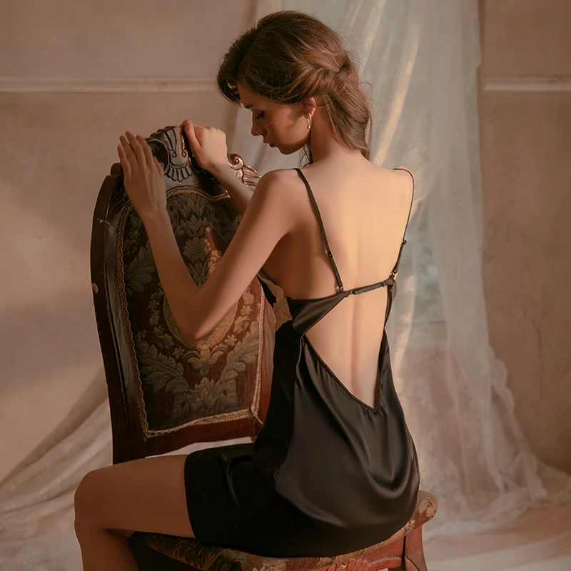 Sexy Lace Stitching Hollow Strap Nightdress Women Nighties Cross Sling Backless Nightgowns Female Lace-Up Side Slit Sleep Dress