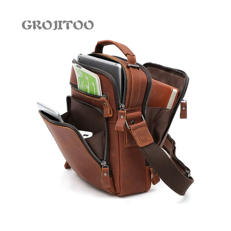 GROJITOO New leather men's bag shoulder bag top layer leather multi-functional crossbar bag crazy horse skin men's bag