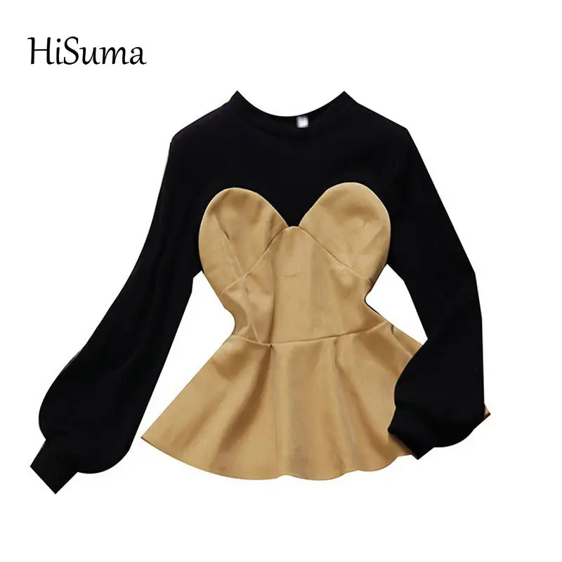 

2020 autumn winter new female o-neck lantern sleeve ruffles Corduroy shirt women's chic color block blouses Tops