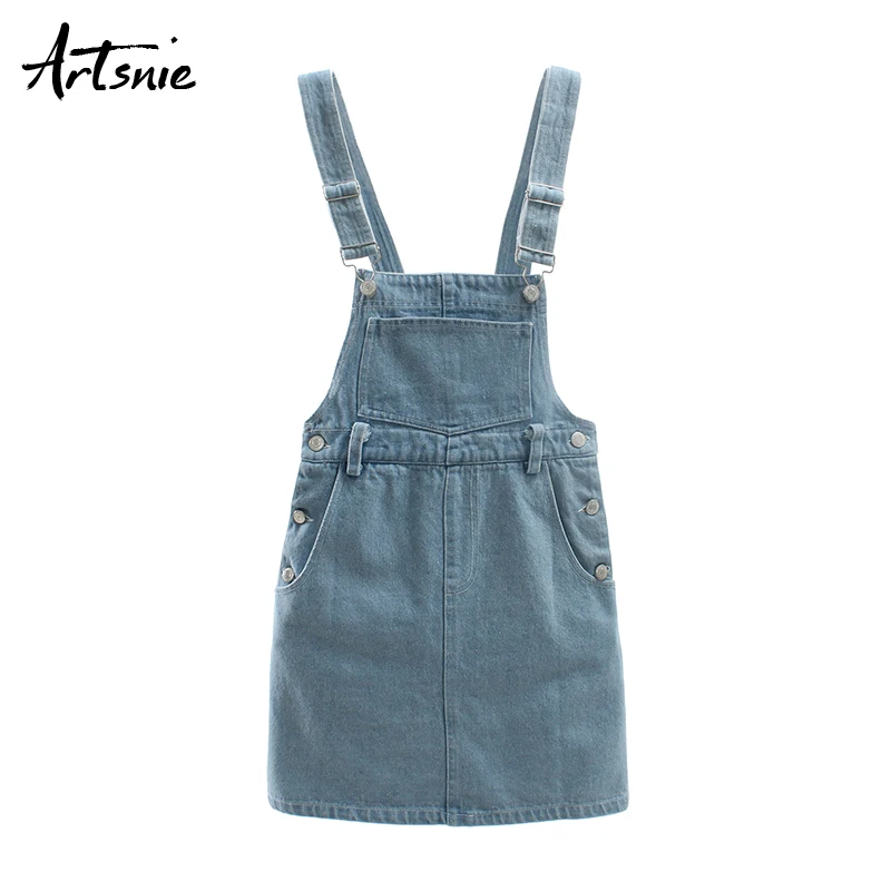 Женское джинсовое платье комбинезон Artsnie синее Повседневное с высокой талией без