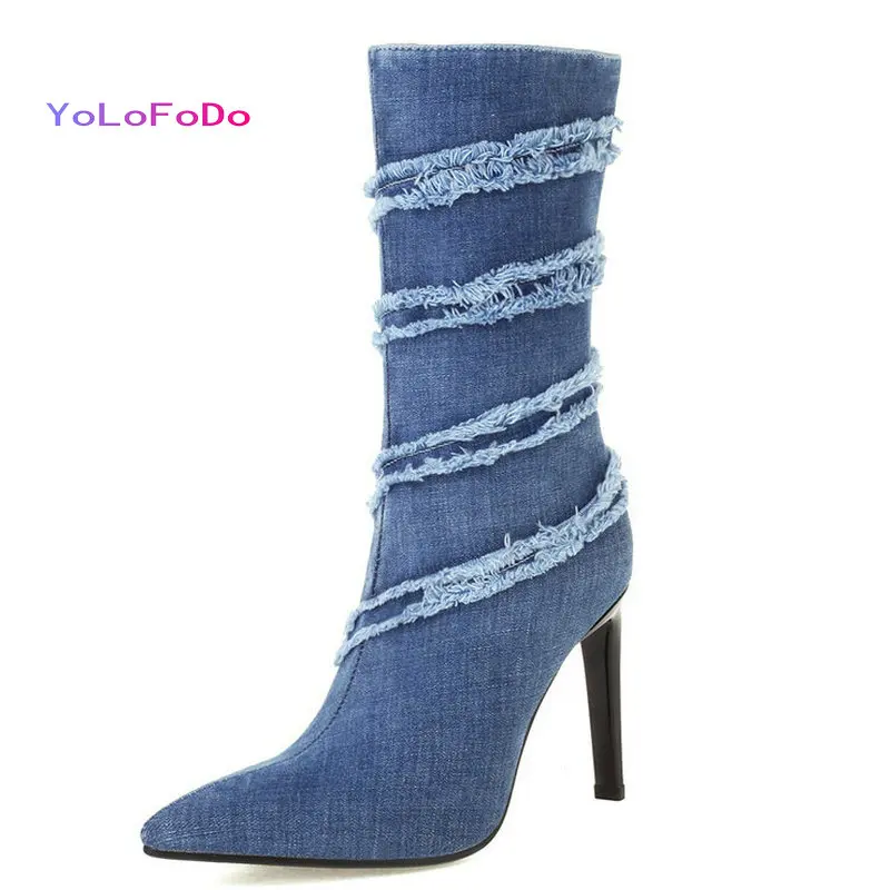 

2021 Autumn Winter Women Ankle Boots Denim Pointed Toe Thin High Heel Ladies Short Boots Dress High Quality Women's Boots Blue