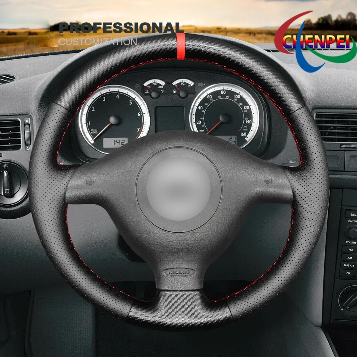 

DIY Hand-Sewn Carbon Fiber Black Leather Car Steering Wheel Cover For VW Cabrio GTI Jetta (GLI) Car Interior Accessories