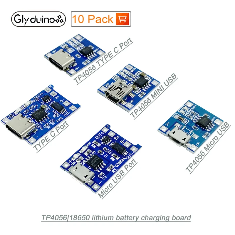 Зарядная плата для литиевых батарей Glyduino 10 шт./лот TP4056 18650 TYPE-C Micro Mini USB, 3,7, 3,6, 4,2 в, 1 А, с защитой Зарядная плата для литиевых батарей Glyduino 10 шт./лот TP4056 18650 TYPE-C Micro Mini USB, 3,7, 3,6, 4,2 в, 1 А, с защитой