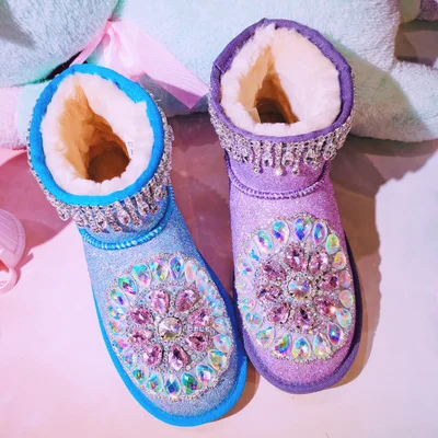 

2021 winter new macarons handmade diamond tassel sequins fashion flat bottom plus velvet thickened women snow boots