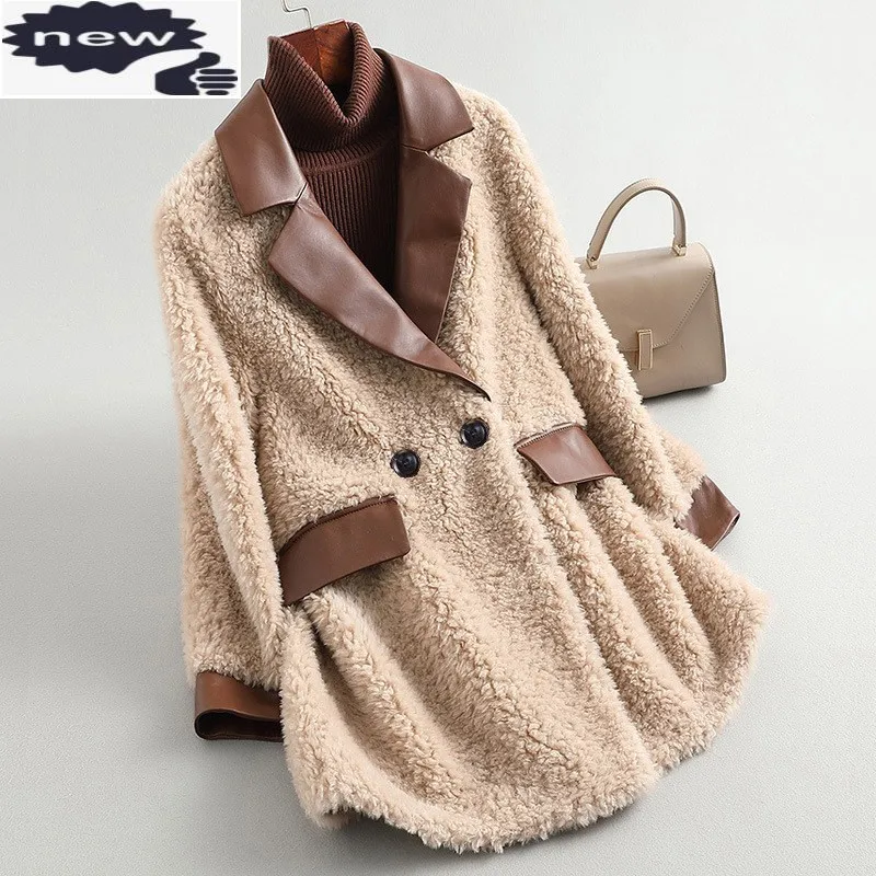 Women Winter Wool Cashmere Coat Lamb V-Neck Double Breasted Streetwear Medium-Long Jacket Real Fur Office Lady Warm Overcoat