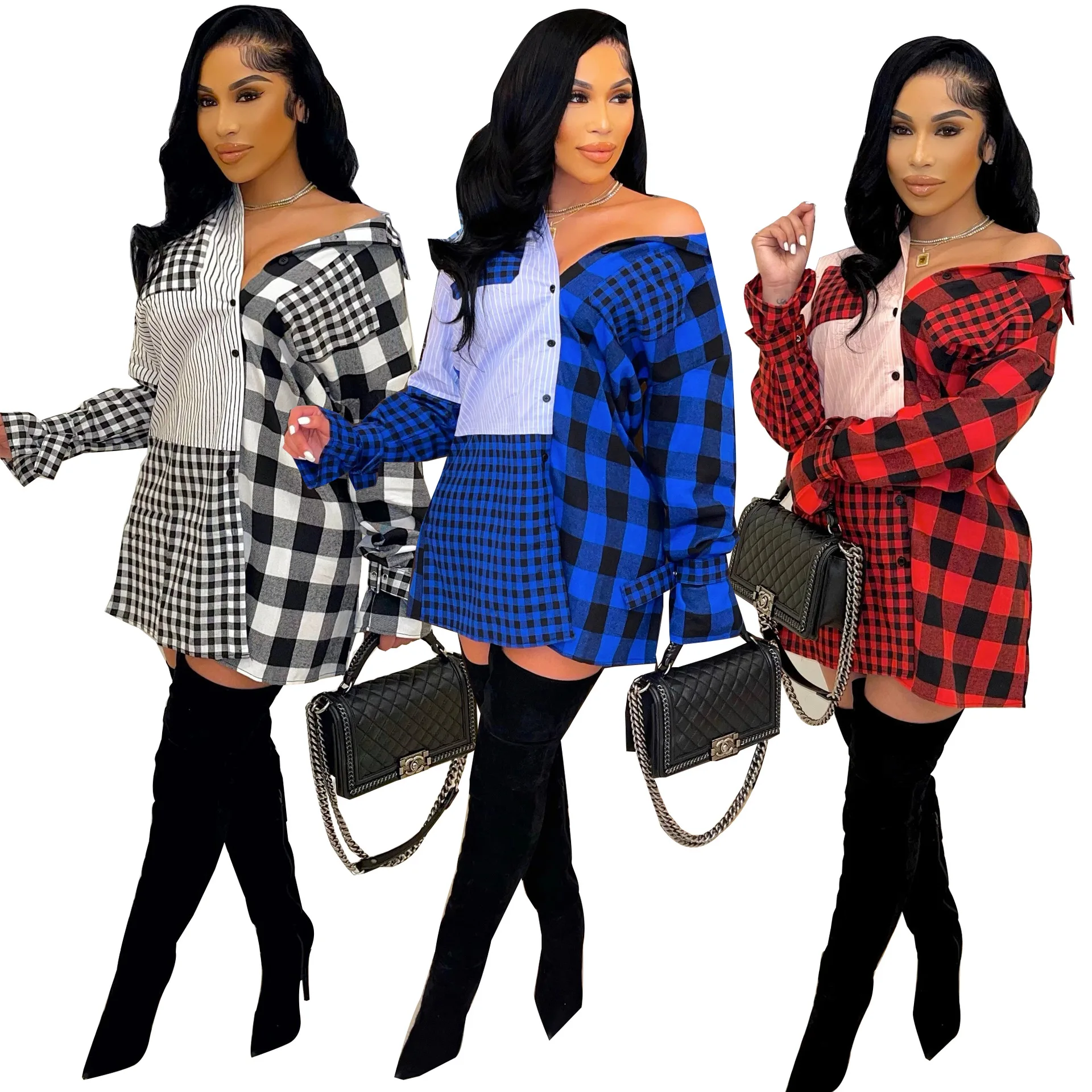 

2022 New Women Plaid Patchwork Long Sleeve Single Breasted Shirt Style Dress