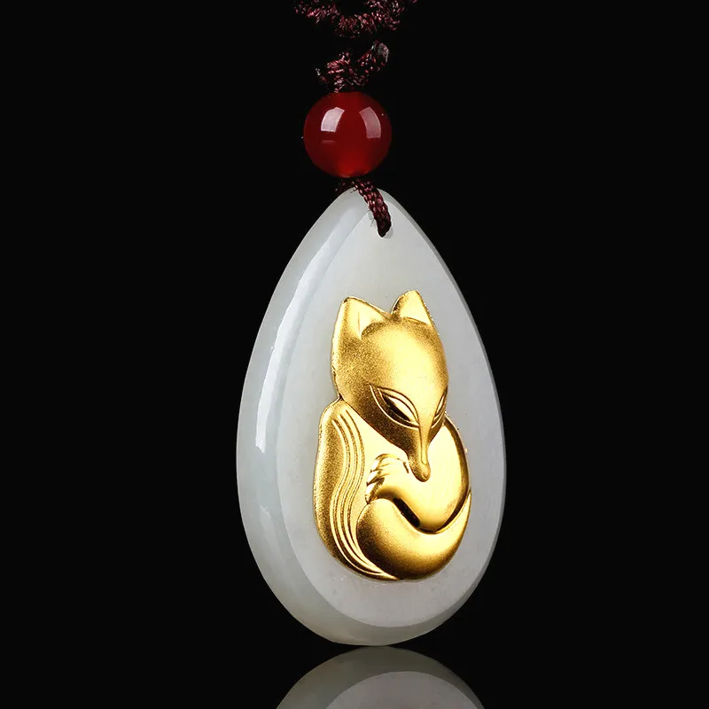 Натуральный китайский белый нефритовый мозаика Золотая подвеска лиса красивые