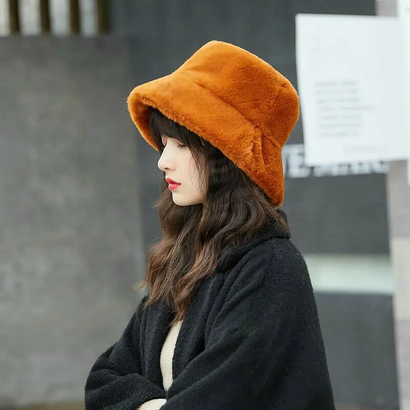 

Women Faux Fur Bucket Cap Bush Hat Wide Brim Fluffy Winter Vintage Fashion