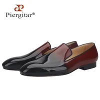 piergitar 2021 handmade black and burgundy mixed patent leather mens loafers classic men moccasin red color sole flat plus size