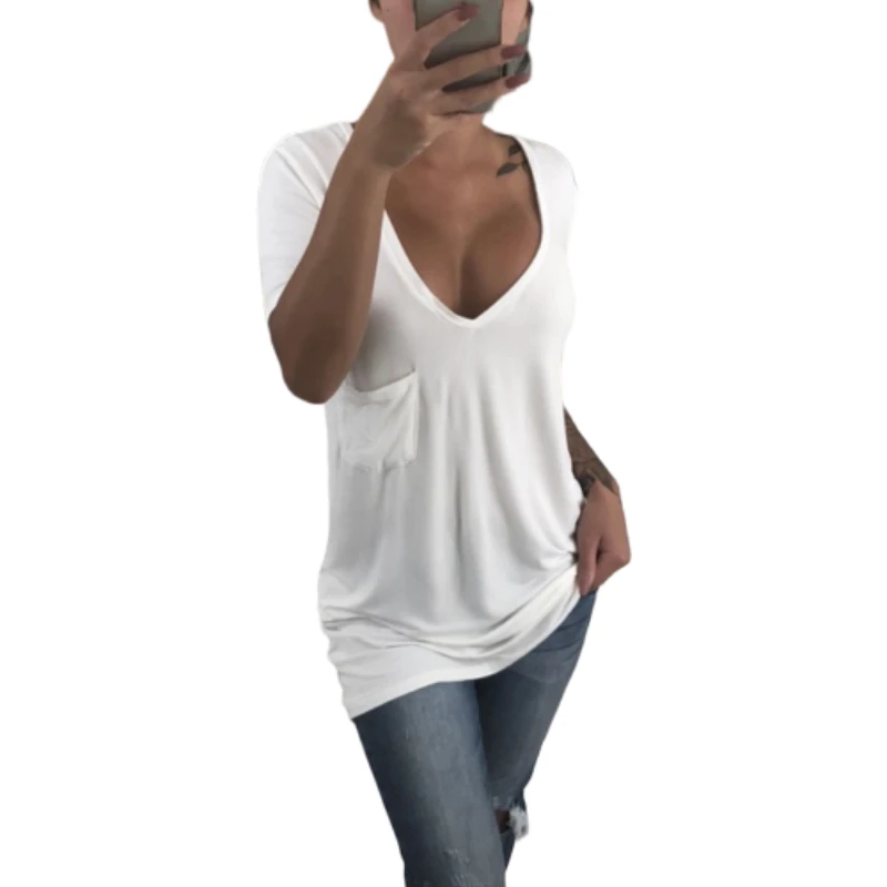 

S-5XL Solid Women T-shirts V-Neck Casual Loose Tee Tops Summer Short Sleeve Ladies Basic White Black T shirt Women Plus size
