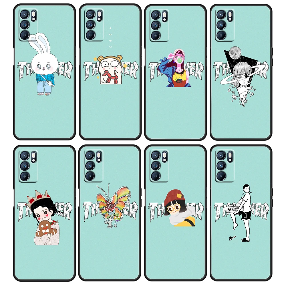 

Cute cartoon Fashion Soft Shockproof Black Phone Case For OPPO Reno 6 5 4 5Z 5F 5K 10 X ZOOM 4G 5G Pro Plus Coque