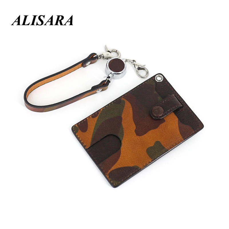 

Original leather camouflage access control card holder female head layer cowhide telescopic buckle bus card holder