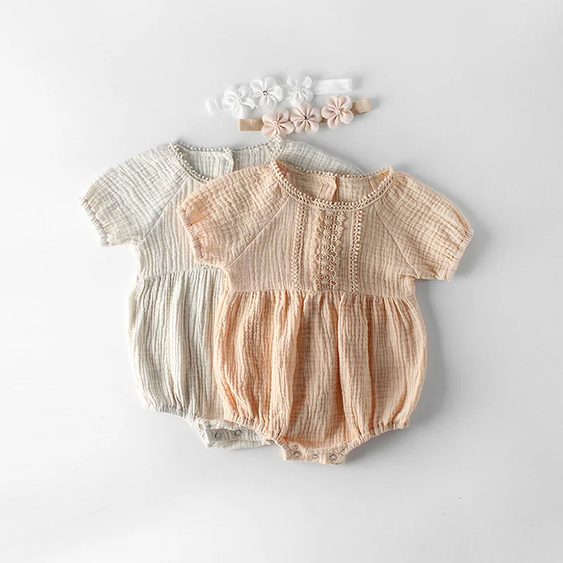 

Newborn Baby Girls Romper Cotton Linen Baby Girls Short Sleeve Lace Solid Romper Hair Band Infant Toddler Outfit Sunsuit Clothes