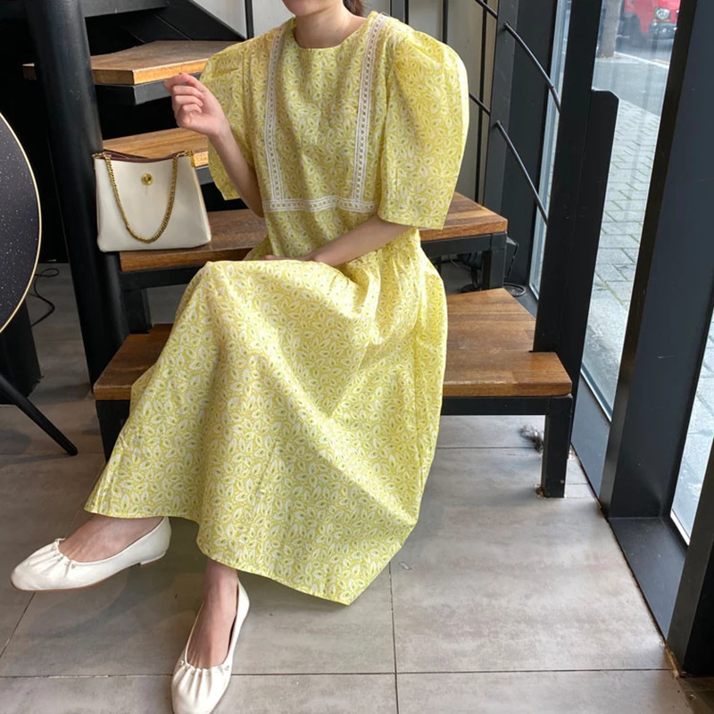 Женское длинное платье с рукавами пузырьками [EWQ] элегантное свободное круглым