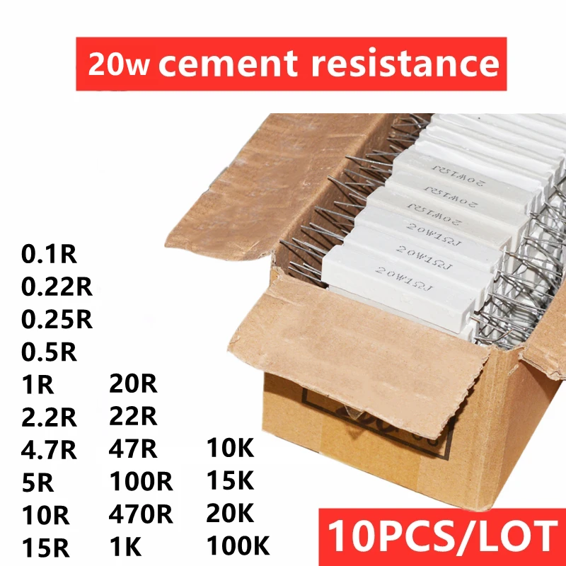 10 шт./лот 20 Вт цементное сопротивление 0.1R 0.22R 0.25R 0.5R 1R 47R 5R 470R 10R 15R 20R 22R 100R 1K 10K 15K 100K 5%