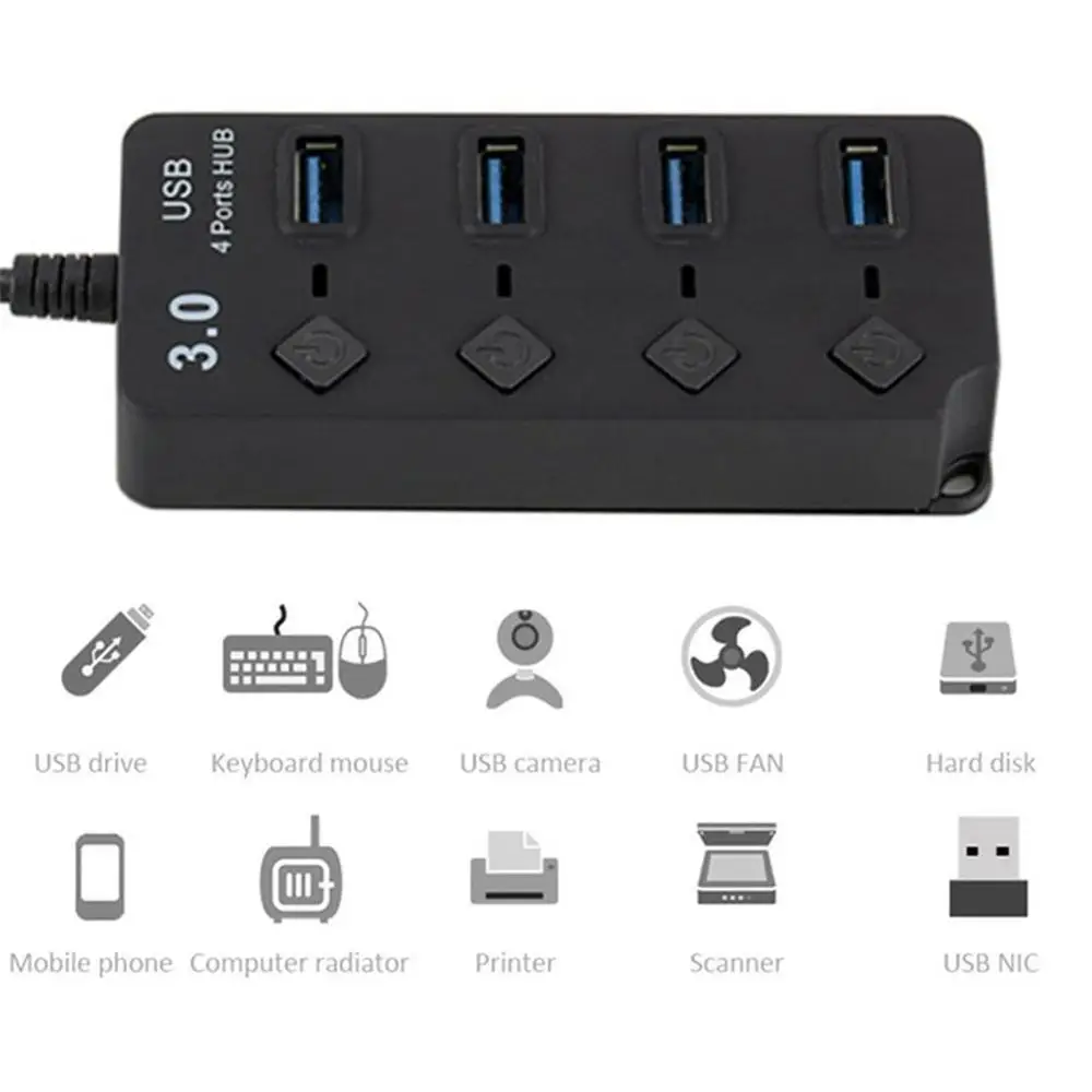 

USB 3.0 Splitter 4 Port HUB With Key Switch Ultra High Speed Data Transmission 4 Port HUB Black Without Power Supply