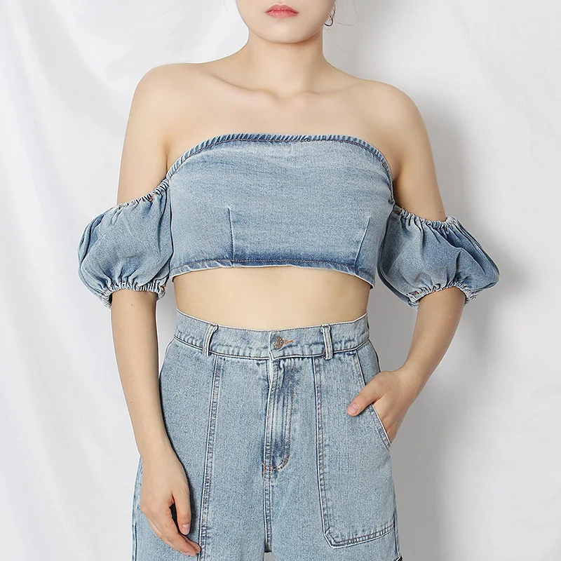

Fashion brand 2021 summer new fashion sexy one shoulder bubble sleeve open navel short denim top women's fashion