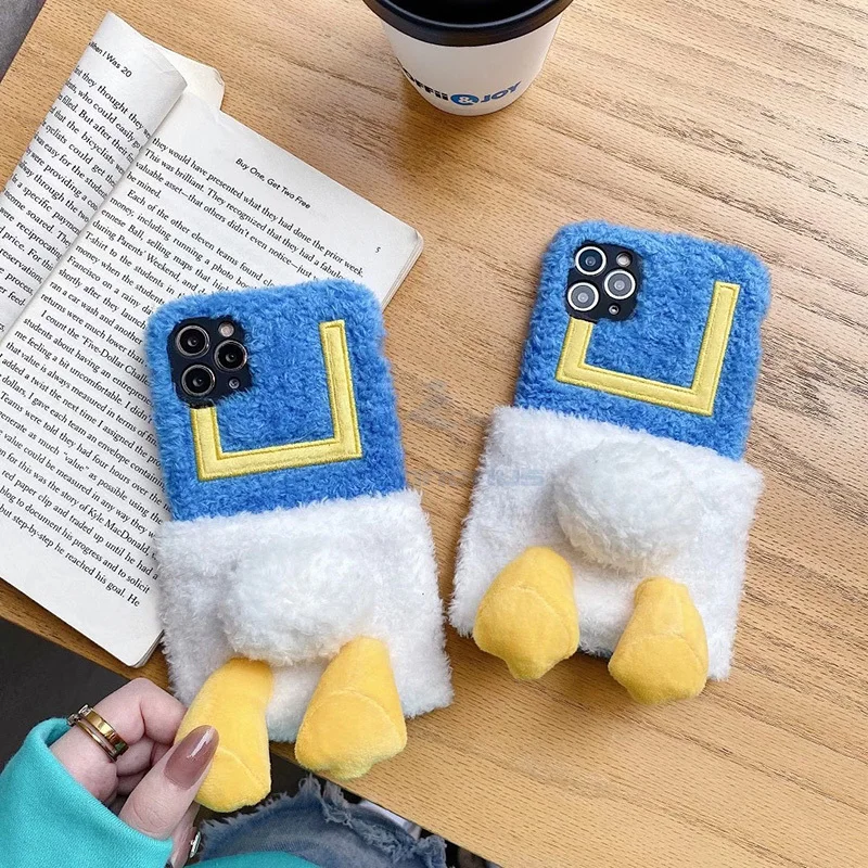 Winter Warm Donald Duck Phone Case for iPhone 12 Pro 11 XS Max 7 8 6 Plus for Girl 2020 New Cartoon Plush Fur Phone Cover Couqe images - 6