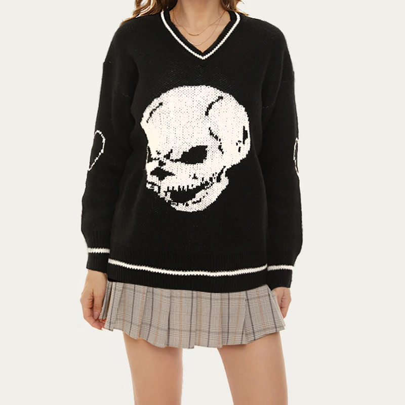 

Women's V-neck Vest Skull Printed Sweater Loose Casual Knitted Comfortable Tops Street Retro Autumn Winter Jackets