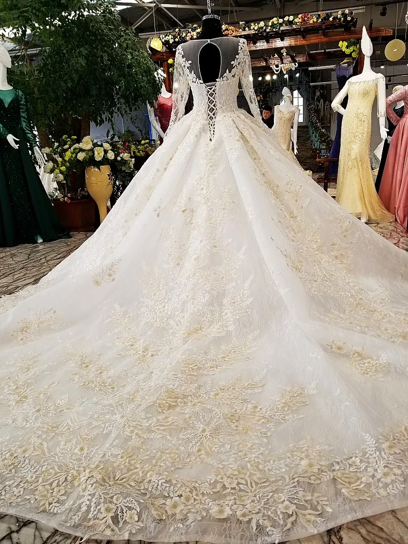 BGW HT4814 Ball Gown Champagne Wedding Dress 2020 O Neck Tulle Long Sleeve Bridal For Big Puffy Skirt Vestido Boda |