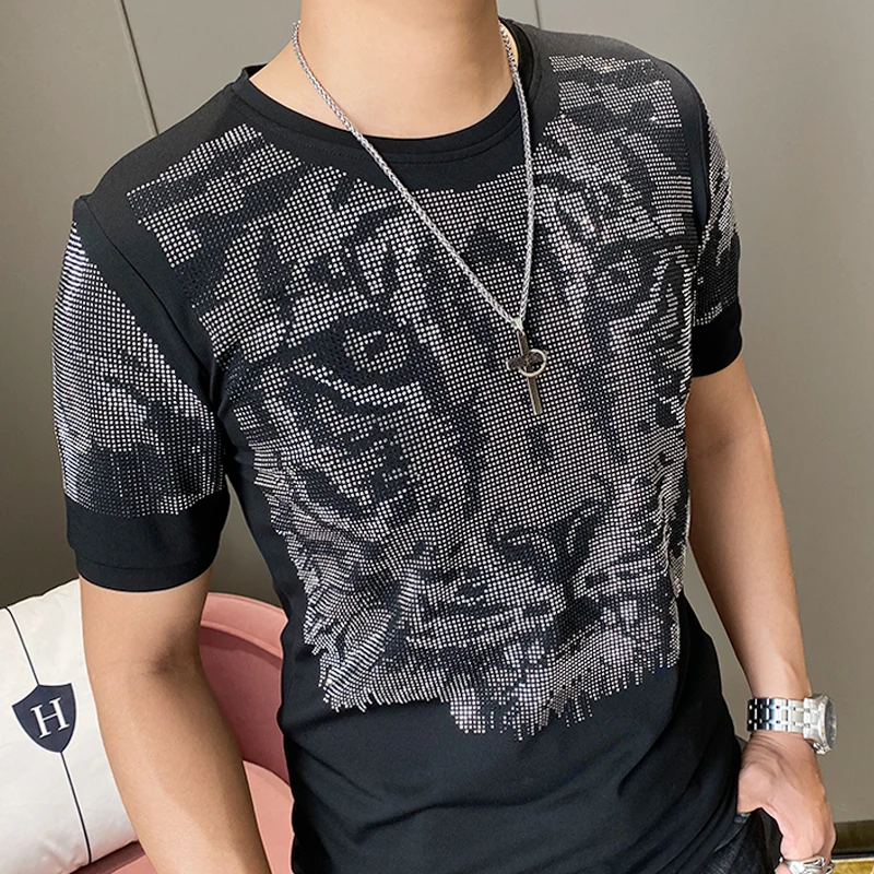 

Casual Tee O-Neck Shirt Homme Fashion Diamond Tiger Head T-shirt Mens High Quality Summer T Shirt Men Short Sleeve Streetwear