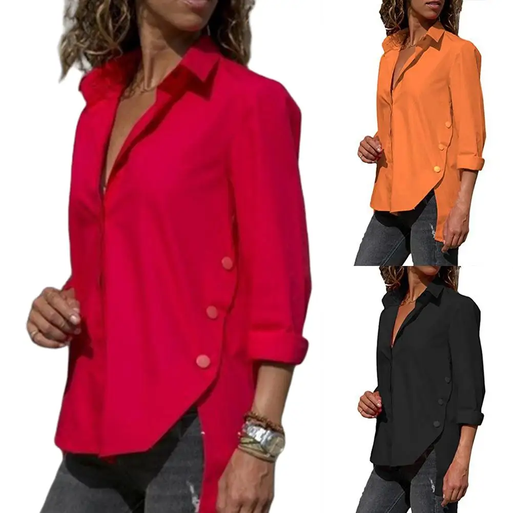 2022 Women Long Sleeve Shirts Turn Down Collar Irregular Side Slit Hem Buttoned  Shirt Chic Tops Female Single Breasted Blouses