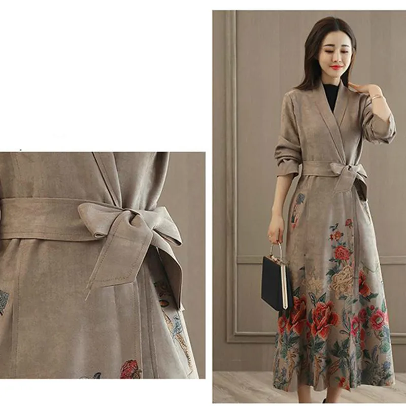 

Trench Coat For Women 2019 Spring Autumn Casual Long Sleeve Suede Long Coat Female Slim Floral Print Windbreaker Casaco Feminino