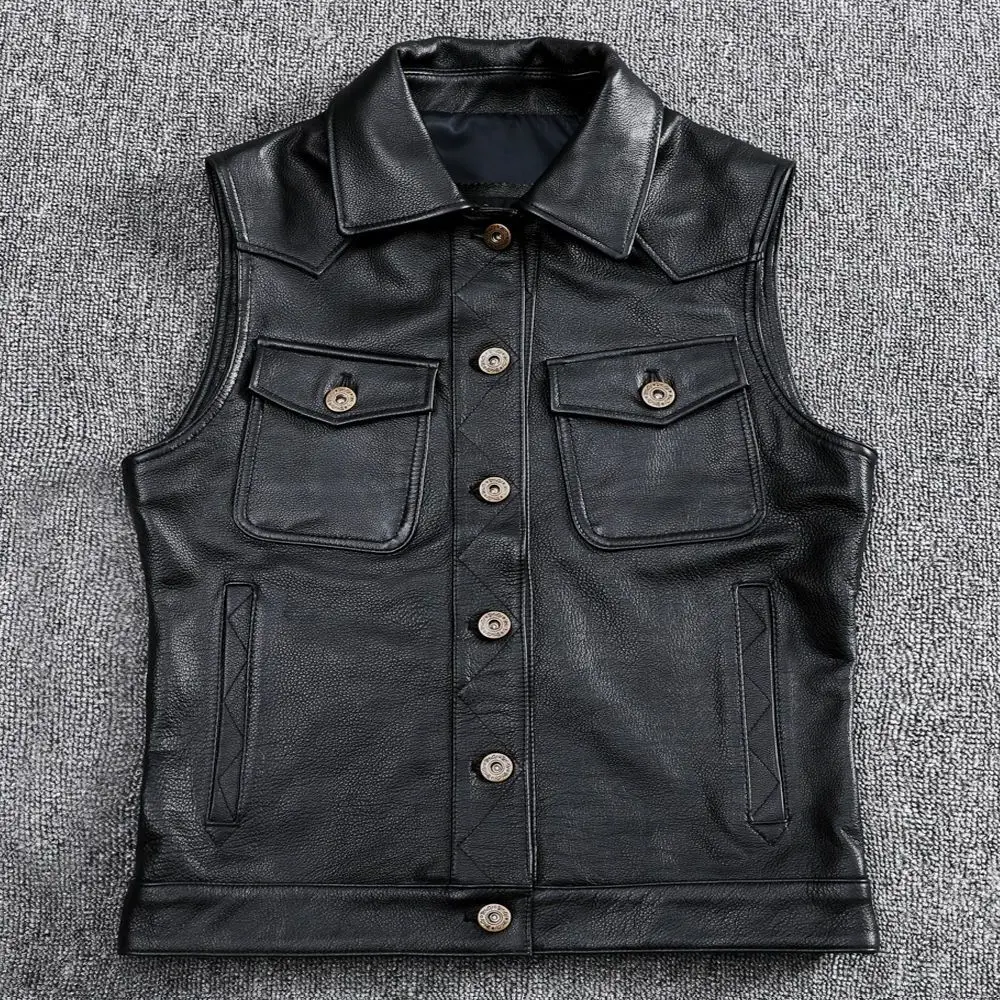 

Autumn 2021 Spring Chic Men's cow leather biker Waistcoat High quality Genuine leather Jackets Vest C241