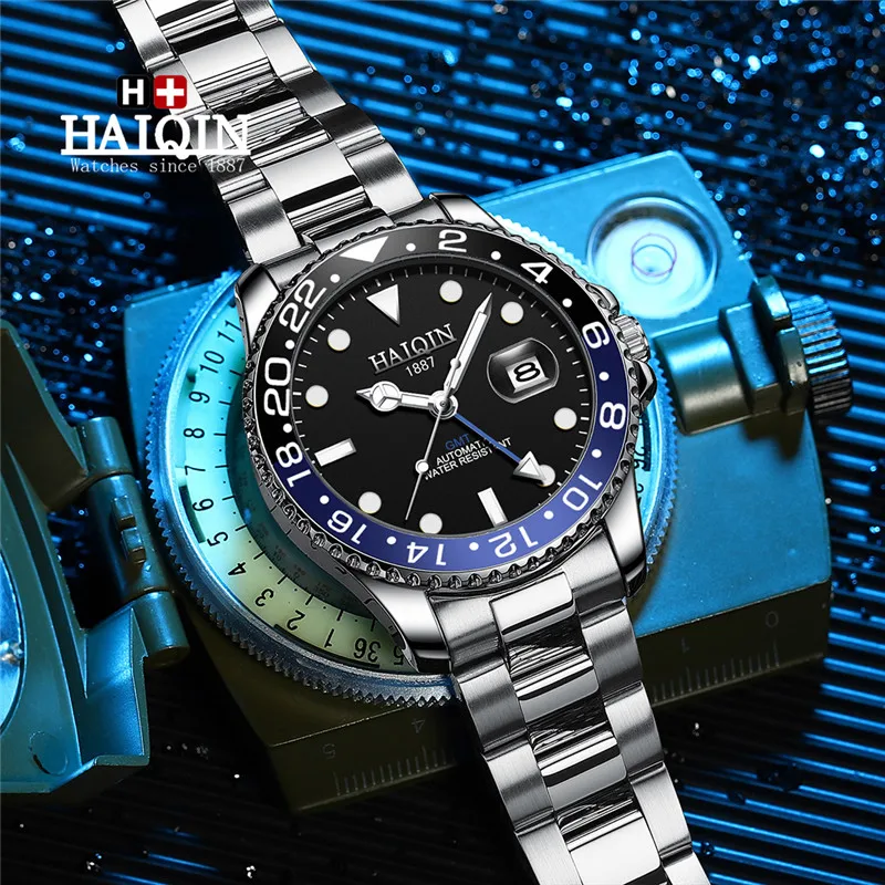 

Новинка 2022, мужские часы HAIQIN GMT, роскошные механические часы ведущей марки для мужчин, автоматические наручные часы, модные мужские часы из н...