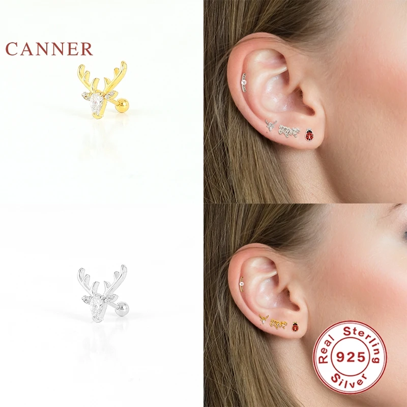 

CANNER 1Pcs 925 Sterling Silver Earrings For Women Ladybug Elk Stud Earrings Gold/Silver Jewelry Piercing Mom Gift 2021 Trend
