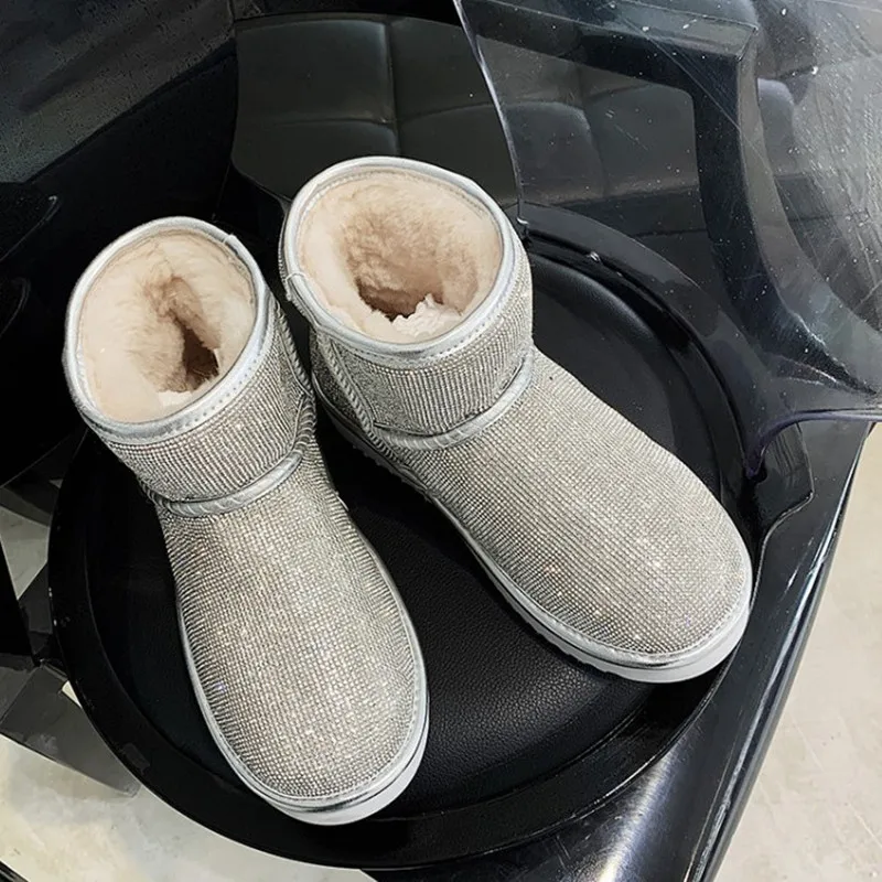 Брендовые женские зимние ботинки со стразами модные теплые женская обувь с